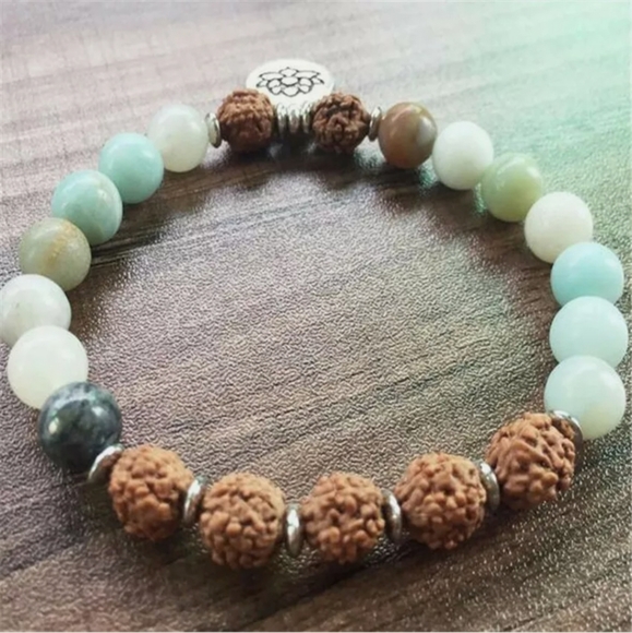 8mm Amazonite Stone Bodhi Mala Bracelet Chakras Stretchy Lotus D9B3-B - Picture 1 of 2